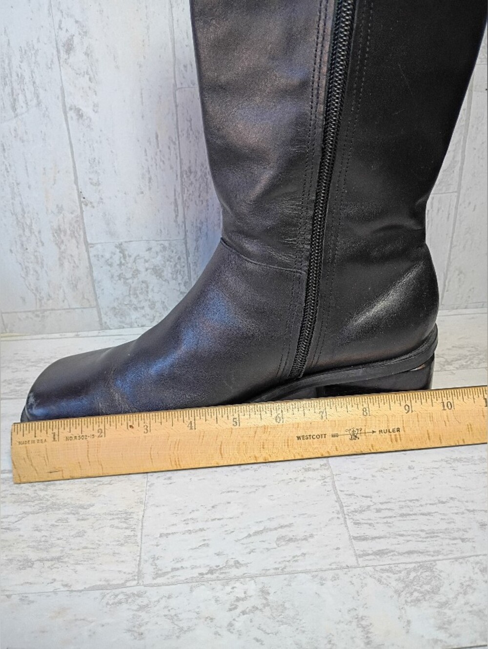 Black leather square toe knee high boots, 90s vintage wide calf size 7.5 US - Picture 13 of 15